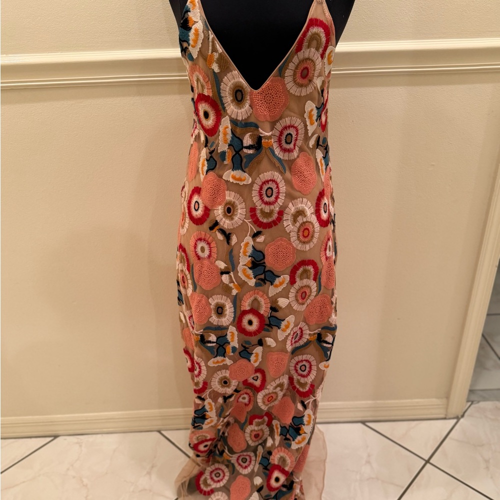 ELLIATT Revolve Floral Embroidered Nude + Pink V-Neck Maxi Evening Dress $489